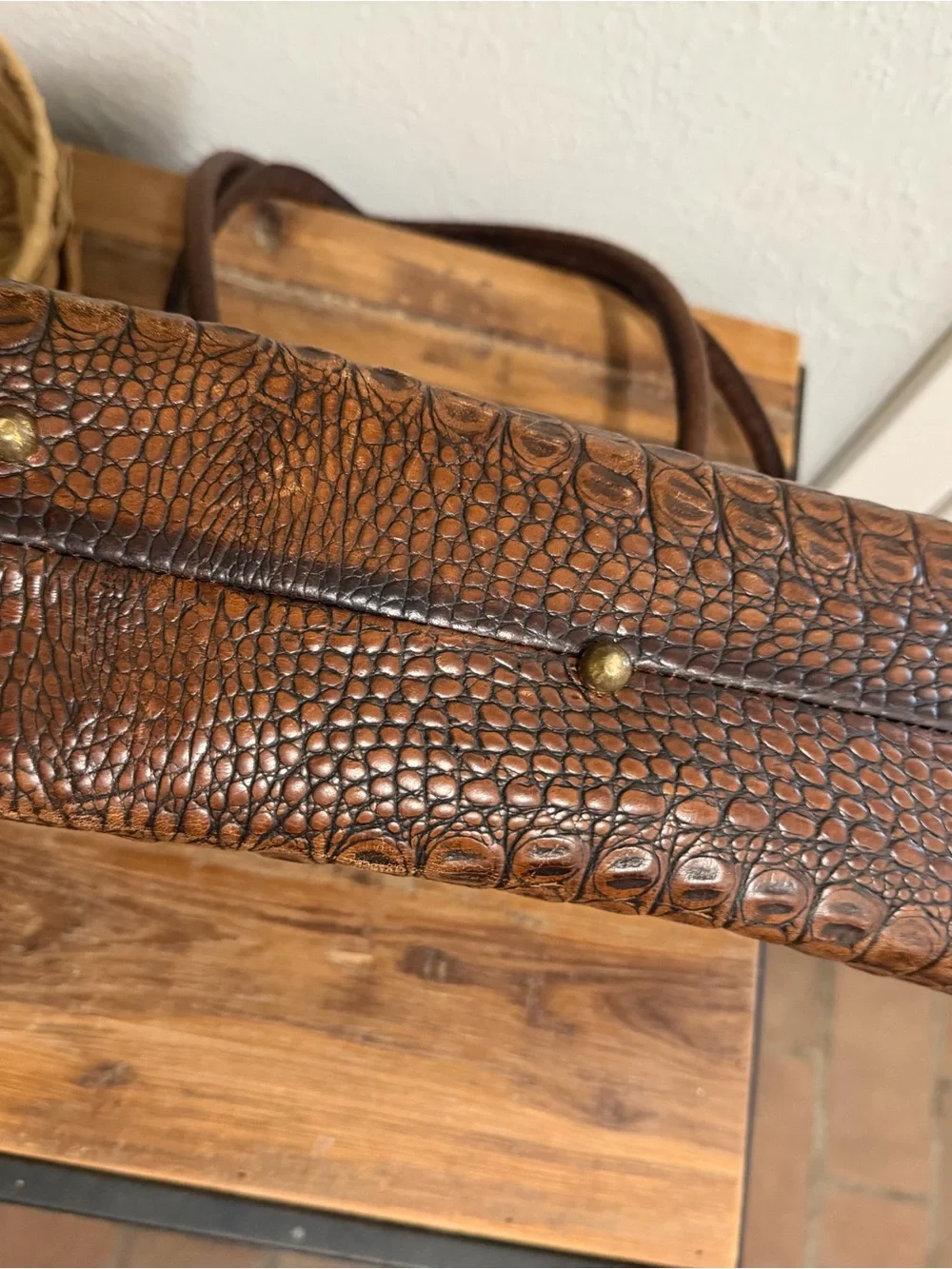 Vintage Brahmin Black Leather Dome Satchel with Croc Trim - Picture 10 of 12